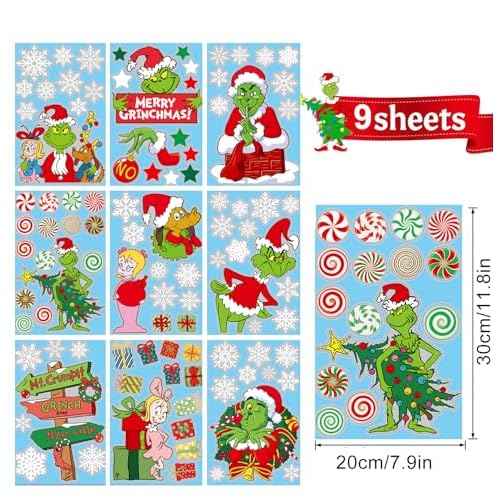 Christmas Window Clings Decorations for Window Glass, Large Xmas Green Red Stickers Decals Decor 9 Sheets Reusable Double Sided Window Stickers, Merry Christmas Gel Decals Indoor Party Supplies