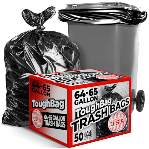 Heavy Duty 65 Gallon Contractor Trash Bags - 50 Pack, Black, 1.2 Mil Thick