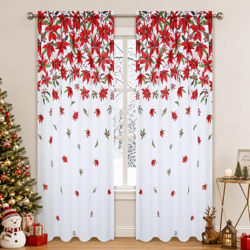 FRAMICS 84 in White Poinsettia Christmas Curtains, Light Filtering, 2 Panels