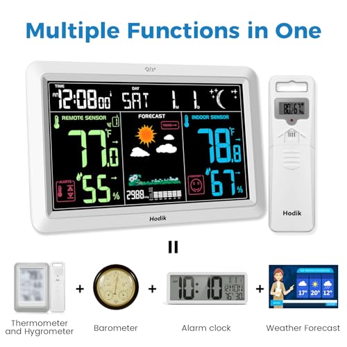 HODIK White Wireless Indoor Outdoor Weather Station with Atomic Clock & Color Display