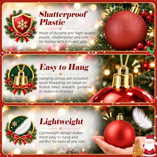 54pcs Red Christmas Ball Ornaments Set - Shatterproof, 3 Sizes, Assorted Finishes