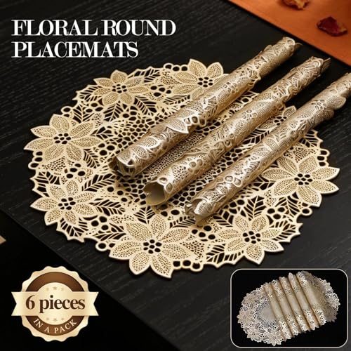 Quantum Love Gold Wreath Round Placemats Set of 6, 15in (38cm) – PVC, Stain-Resistant