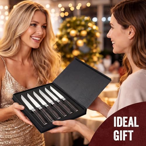 12-Piece Steak Knife Set with Pakkawood Handles - Sharp Serrated Blades, Gift Box