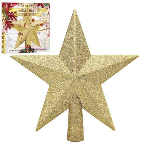 Aneco Glitter Christmas Tree Topper Shatter-Proof Christmas Tree Decoration Treetop for Holiday Ornament or Home Decor (Gold, 8 Inch)