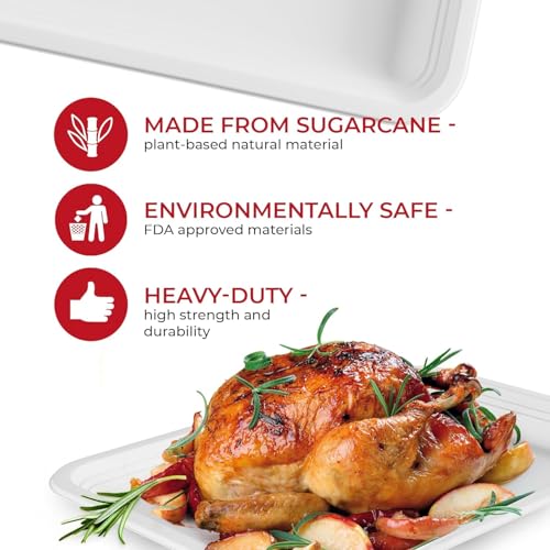 White 14-Inch Heavy Duty Disposable Food Trays - 100 Pack, Compostable Large Plates