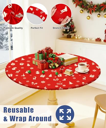 Moosfor Round Spandex Christmas Red Fitted Tablecloth for 36-44" Tables - Elastic Edge