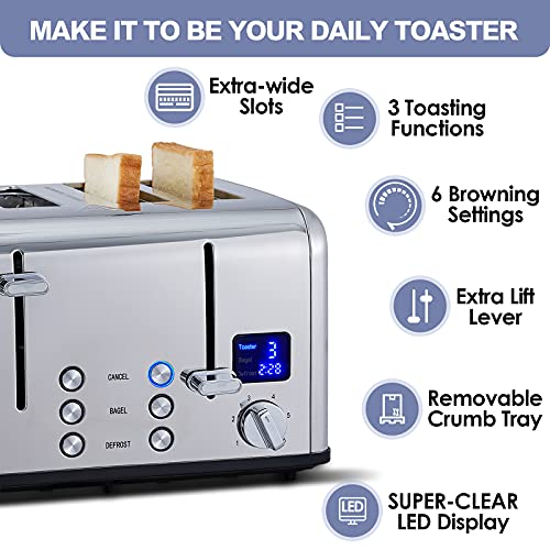 Silver Stainless Steel 4-Slice Toaster with Digital Display, Dual Control