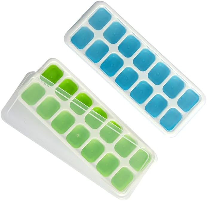 Skiennix Ice Cube Tray - Spill-Resistant Lids, Easy-Release, Stackable | 2 Packs, 28 Cubes, Green & Blue