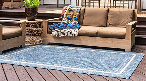 Unique Loom Outdoor Border Area Rug 7'1" x 10' Rectangle Blue Ivory - Patio & Garden Decor