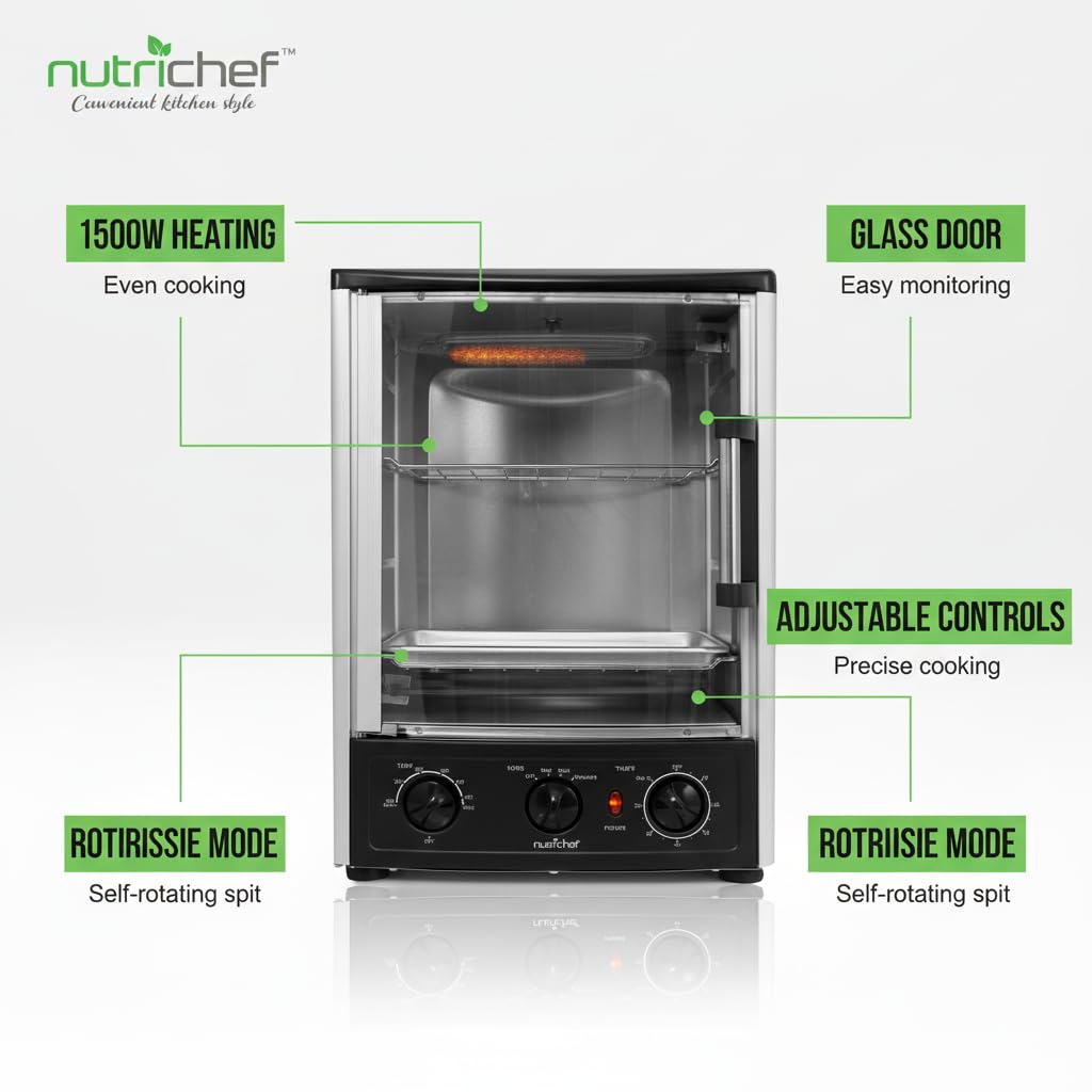 NutriChef Multi-Function Rotisserie Countertop Oven | 24 Quart Vertical Glass Door Convection Oven, for Rotisserie Roasting & Broiling | Timer & Temperature Control | 13.4 x 12.2 x 18.9