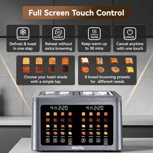 Mecity 4-Slot Wide Slot Digital Toaster with Touch Screen & Stainless Steel - Brushed Gray