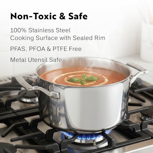 Procasa 4 Quart Stainless Steel Stock Pot with Lid - Fully Clad Tri-Ply, Induction & Oven Safe