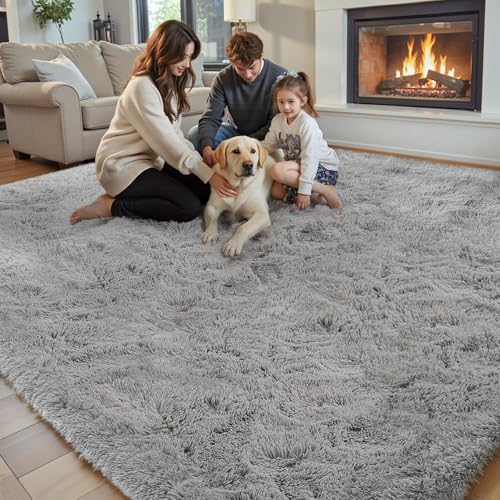Light Grey 8x10 Shaggy Area Rug for Living Room - Soft Plush Furry Rug