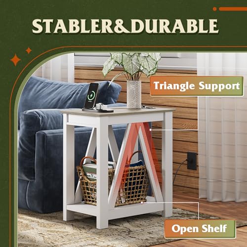 WLIVE Narrow Farmhouse End Table with Charging Station - Greige, Slim Design