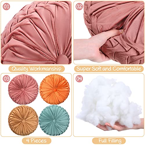 Kathfly Velvet Pleated Round Throw Pillows - Pumpkin Style, 4 Colors, 14x14 Inches - Orange, Yellow, Pink, Green