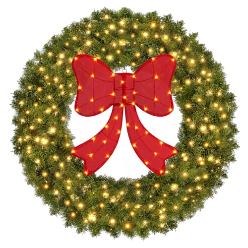 Sweetcrispy 36in Artificial Pre-Lit Fir Christmas Wreath with Green Spruce & Red Bow - 31V Plug-In
