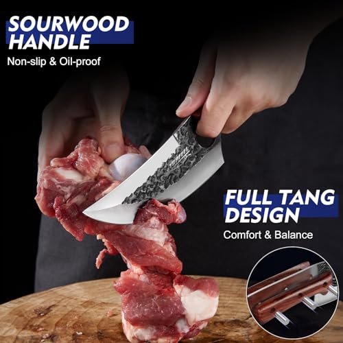 Topfeel 3-Piece Hand Forged Viking Meat Cleaver Knife Set with Chef & Utility Knives