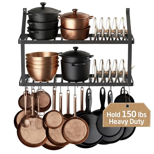 Heavy-Duty Wall Mount Pot Rack with Lid Holder - 34 Inch Black Kitchen Organizer