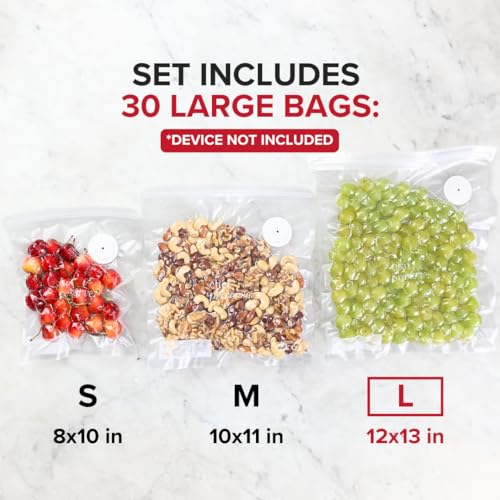 Chef Preserve Reusable BPA-Free Vacuum Sealer Bags 30 Large (12x13 in) for Food Storage, Freezer, Microwave, Odor & Leak-Proof