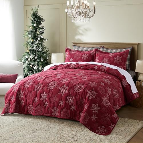 WDCOZY Snowflake California King Size Christmas Quilt Bedspread Set with 2 Pillow Shams