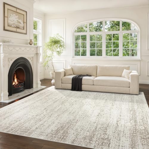 8x10 Washable Area Rug - Beige Ivory Cream Brown Camel Non-Slip Living Room Carpet