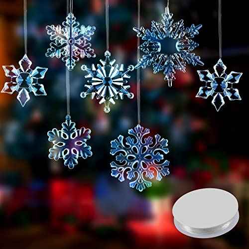 Acrylic Crystal Snowflakes Ornaments Acrylic Xmas Snowflakes for Christmas Winter DIY Decoration, Assorted Sizes 1.6/2/ 2.8/3.4/4.4 Inches (Blue, 24)