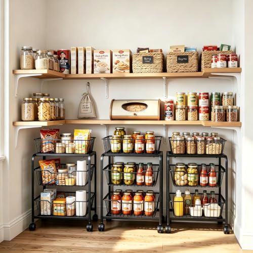 3-Tier Pull-Out Rolling Pantry Organizer with Wheels - Fits Under 25-Inch Shelves, Heavy Duty Metal Storage Cart - Variation 2