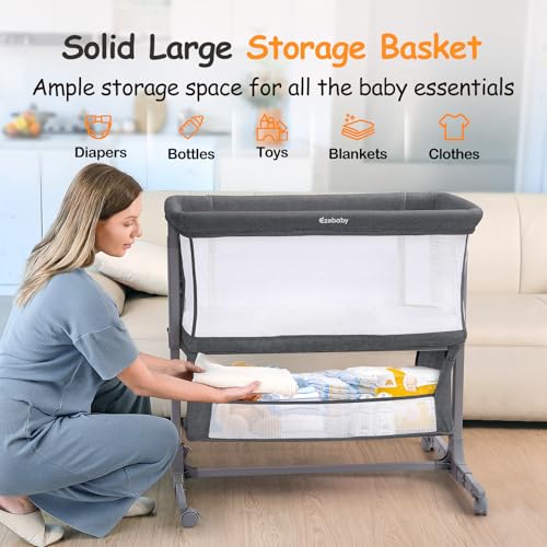 Ezebaby Deep Gray Bedside Baby Bassinet with Adjustable Height & Wheels
