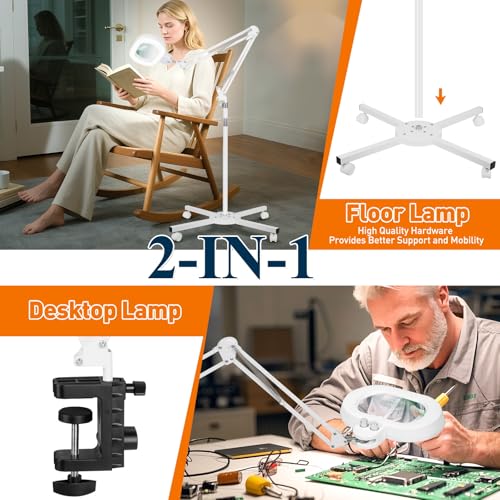 KUVRS White 12X Esthetician Floor Magnifying Lamp with 3-Axis Adjustable Head