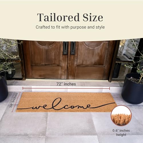 Warm Greeting Welcome Mat - Aesthetic Script, Non-Slip, Tufted, 2' x 6'