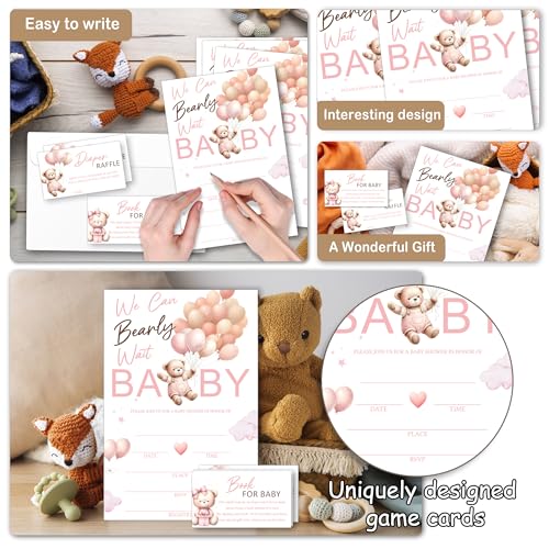 Pink We Can Bearly Wait Baby Shower Invitations Set of 25 with Diaper Raffle Tickets & Envelopes