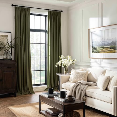 Velvet Blackout Curtains 96 Inch Long with Back Tabs and Hooks - 2 Panels, Olive Green, 40W x 96L - Drapenova