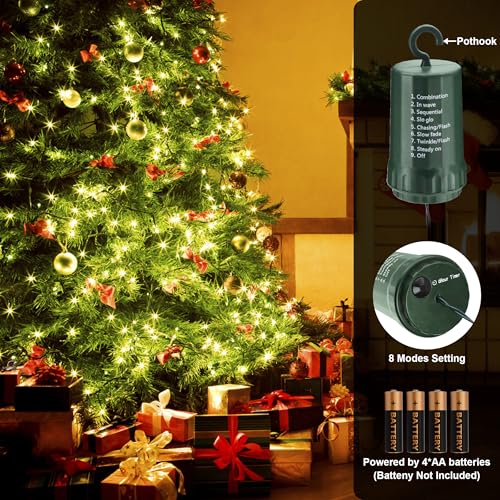 AMMAKER 100 LED Battery Operated Christmas String Lights with Timer, Warm White, 39.5FT Waterproof Indoor Outdoor Wreath & Party Decor