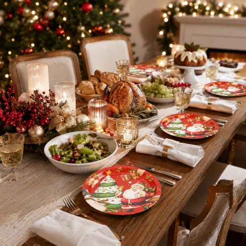 PUEVENYI Merry Christmas Paper Plates 7 Inch - Winter Holiday Disposable Tableware Set, 50 Count