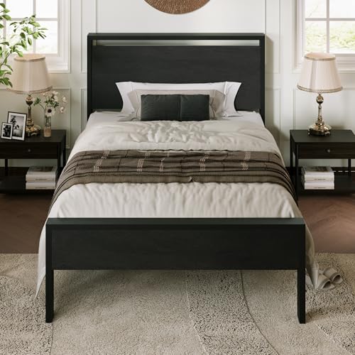 Allewie Twin Size Bed Frame with Metal Slats - Heavy Duty Support, Rustic Black Oak