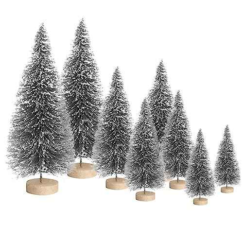 8 Pcs Mini Christmas Tree,Artificial Small Christmas Trees with Wood Base,Bottle Brush Trees Silver Xmas Tree for Christmas Decoration Winter Ornaments DIY Crafts