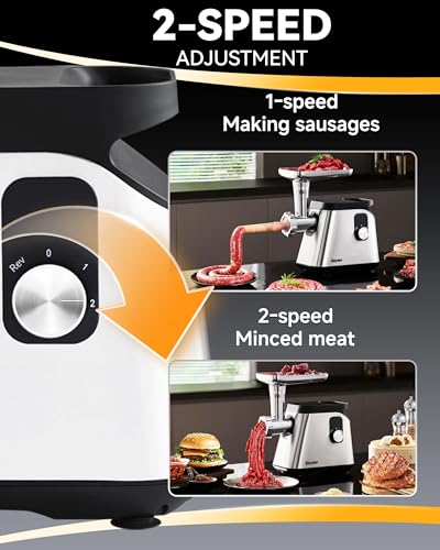 Electric Meat Grinder 2800W Stainless Steel Food Processor with 2-Speed & Accessories - Silver