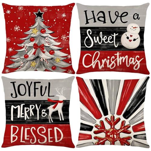 Christmas Tree Red & Black 18" x 18" Throw Pillow Covers Set of 4 – Santa Merry Xmas Decor