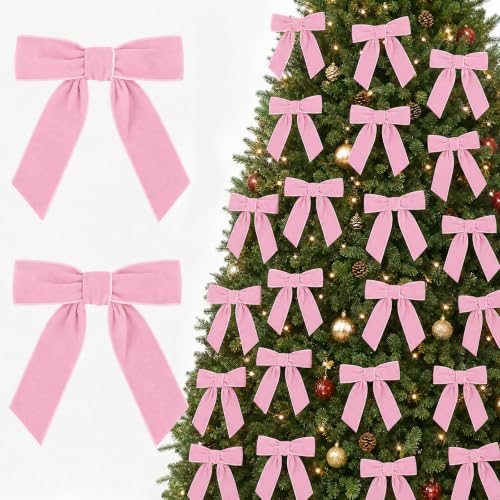 Yuubin 24 Pink Velvet Ribbon Bows for Christmas & Holiday Decorations - 5.5x6.5in