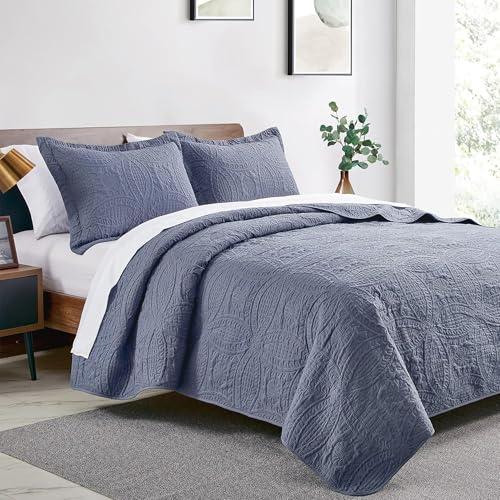 Oversized King Quilt Set with Pillow Shams - Bluish Grey Coin Pattern Bedding
