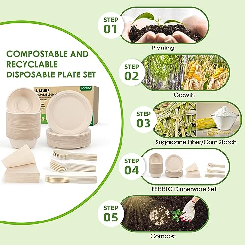 Brown Disposable Sugarcane Plates and Cutlery Set 300PCS Eco-Friendly Party Dinnerware