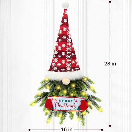 Christmas Wreath for Front Door, Lighted Gnome Door