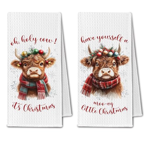 ChissNook Winter Highland Cow Christmas Kitchen Towels Set of 2 - 16x24 Inches