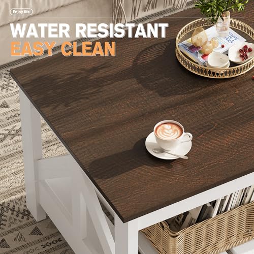 YESHOMY Farmhouse Coffee Table with Storage - Brown & White, Rectangular