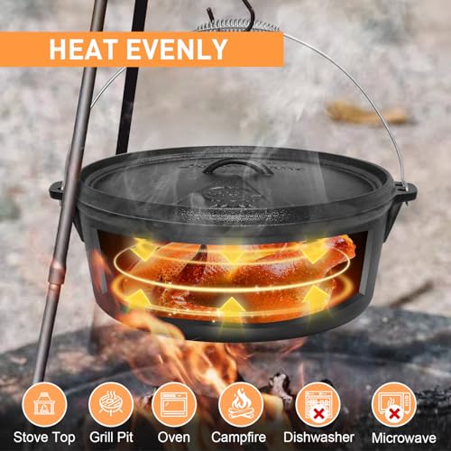 NSIRONS 12 Qt Cast Iron Dutch Oven with Lid & Lid Lifter for Camping & Cooking