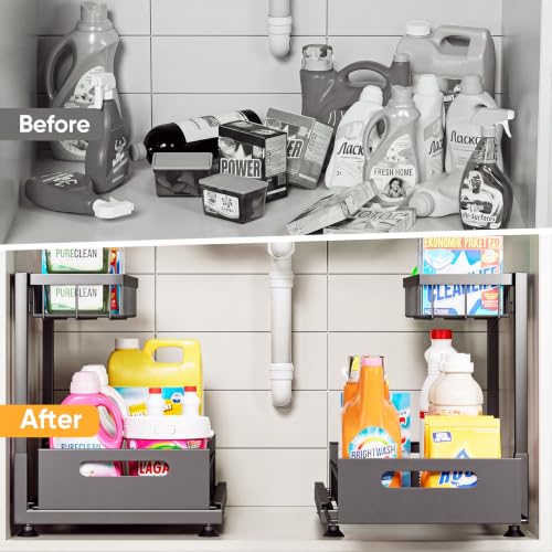 Saydear 2-Pack Black L-Shaped Under Sink Organizer with Pull-Out Drawers