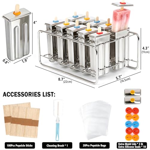 Stainless Steel Popsicle Mold Set with Sticks & Seals - 10 Pieces for Homemade Ice Pops