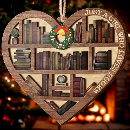 V VIBEPY All Over Printed, Book Lovers Ornaments, Bookshelf Heart Christmas Book Ornament 3.2"x3.5" 2 Layer, Gift for Girl Book Lovers, Gift Idea for Christmas