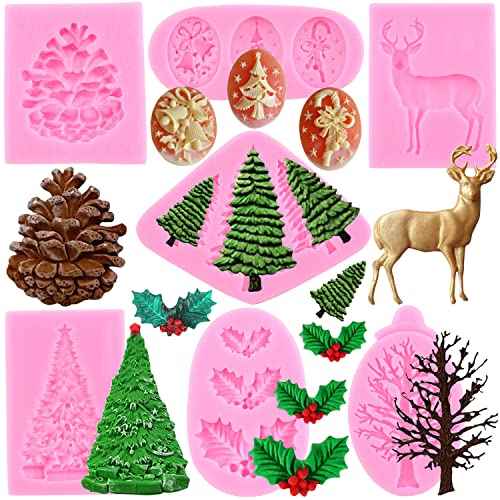Zixiang Christmas Silicone Molds Christmas Tree Pinecone Bell Reindeer Holly Leaves Molds For Xmas Cake Decorating Cupcake Topper Candy Chocolate Gum Paste Set Of 7