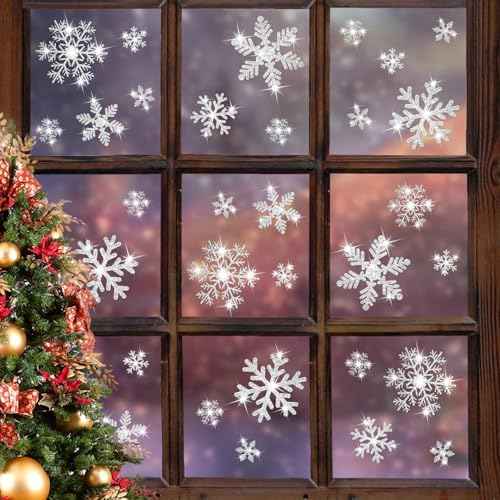 LUDILO 240Pcs Christmas Window Clings Glitter Snowflakes Window Decals Static Window Stickers for Christmas Decorations Windows D?cor Ornaments Xmas Party Supplies Thanksgiving Party D?cor